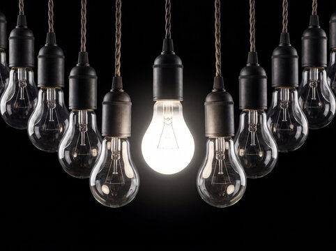 Glowing Light Bulb Surrounded by Hanging Bulbs Creative Innovation Concept