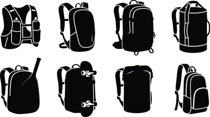 Collection of various travel backpacks, sports rucksacks, and gear bag silhouettes isolated on white background © MstLata