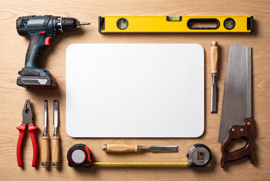 Professional Construction Tools with Blank Copy Space on Wooden Desk