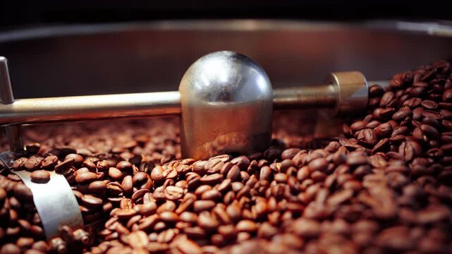 Roasted coffee beans cooling down in roasting machine tray