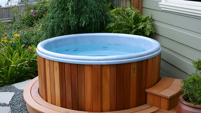 Inviting wood hot tub with clear blue water, set on a modern deck amidst vibrant green garden foliage, offering relaxation and serene outdoor living