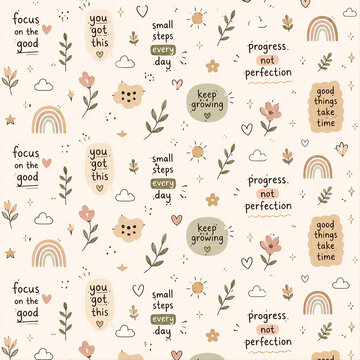 Cute Seamless Motivational Quote Pattern with Flowers Rainbows and Hearts