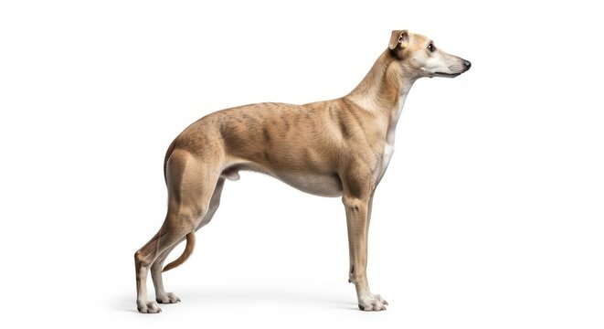 Full body studio profile view of a fawn colored Whippet dog standing isolated on a solid white background demonstrating athletic canine form