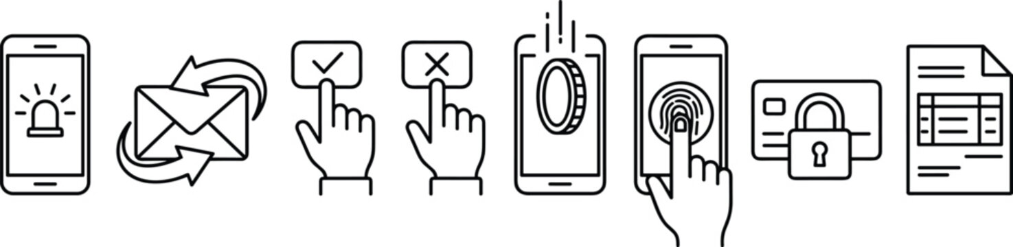 Mobile banking and secure online transaction line icon set with smartphone payment and authentication symbols