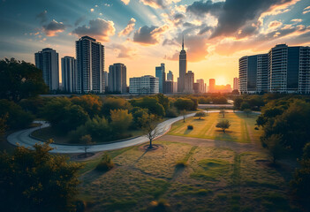 Fototapeta premium Urban park landscape with city skyline at sunset