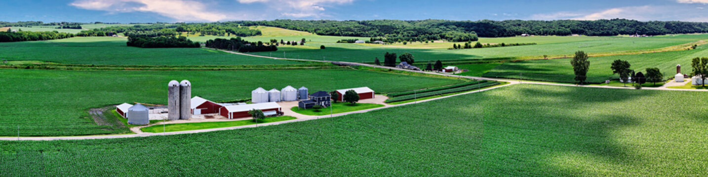 Aerial panorama View of Rural Farm and Cropland Landscape in North West Illinois