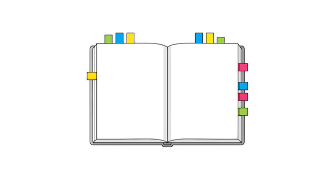 Open document with blank pages ready for writing and colorful sticky tabs marking important sections for organization and planning educational or business material preparation and personal note