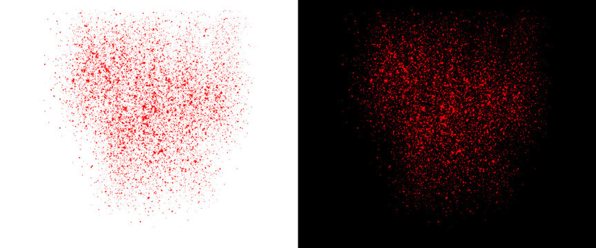 Red spray paint texture on white and black backgrounds, grainy crimson splatter effect, fine mist aerosol particles for graphic design overlays