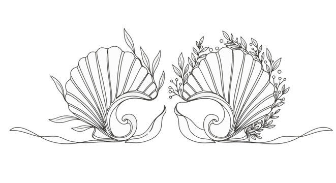Minimalist black and white line art illustration of two symmetrical scallop shells decorated with botanical leaf branches and floral vines, isolated on a plain white background.
