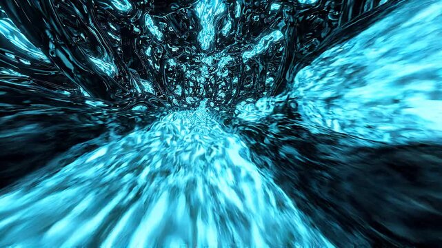 Futuristic Teal Liquid Energy Channel Flow. Glossy metallic teal liquid energy flowing rapidly through abstract organic channels in a futuristic tunnel