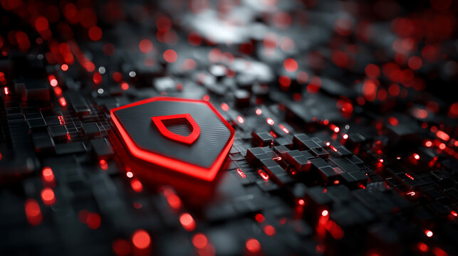 Glowing red shield icon stands out against dark digital background, symbolizing cybersecurity and protection against cyber threats. image conveys sense of security and technological defense