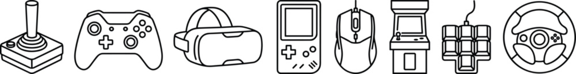 Video game controllers and arcade hardware line icon set featuring retro and modern gaming hardware symbols © MdAshik