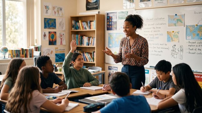 Diverse elementary school classroom with teacher engaging students during a history lesson about ancient civilizations