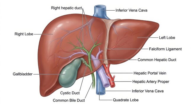 Human Liver Anatomy Illustration Showing Lobes Gallbladder and Hepatic Ducts with Detailed Scientific Labels for Medical Educational Purposes Isolated