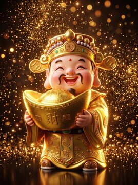 Luxury blind box toy of Fortune God carrying overflowing treasure bowl, cute cheeks, tiny beard, traditional Chinese crown with jade stone, glowing gold outline