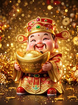 Cute Caishen vinyl collectible toy hugging a giant gold sycee, adorable smiling face, glowing gold robe, premium glossy plastic texture, luxury toy photography