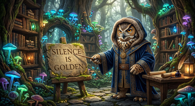 Anthropomorphic owl with wise mood pointing to a stone tablet reading SILENCE IS GOLDEN against mystical library forest background