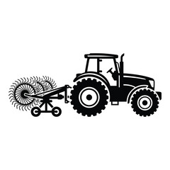 Tractor with hay rake attachment in agriculture equipment  farming vehicle icon © John