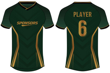 Fototapeta premium Green and Gold Sports t-shirt jersey design flat sketch illustration, chevron pattern v neck Football jersey concept with front and back view for Soccer, Cricket, Volleyball, Rugby uniform kit