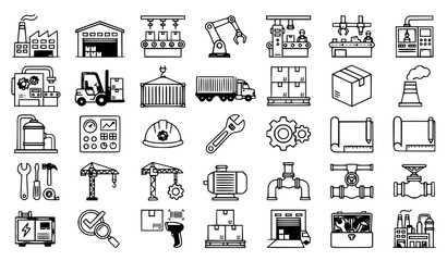 Fototapeta premium SEO Title: Factory Industrial Manufacturing Vector Icon Collection with Production Equipment Warehouse and Engineering Symbols
