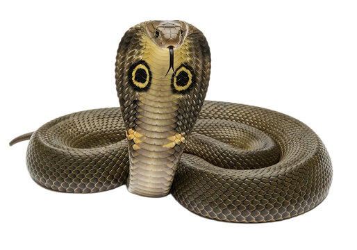 Monocled cobra snake with hood spread isolated on transparent background