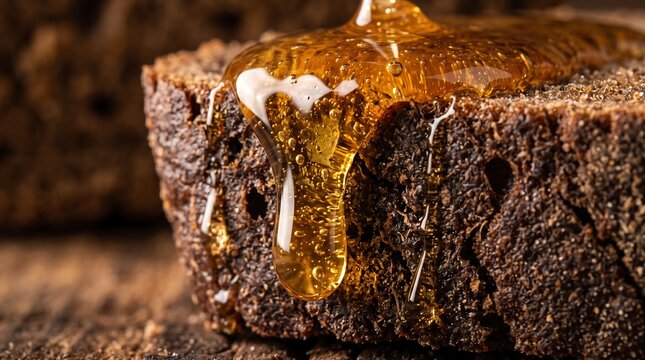 Extreme macro of thick golden honey dripping on textured dark rye bread