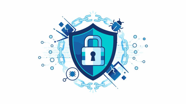 A blue shield with a padlock surrounded by chains and bugs on a white background