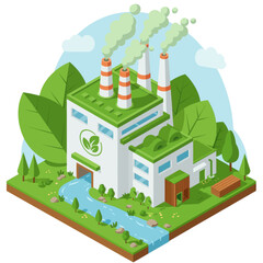 Fototapeta premium Isometric Green Sustainable Factory Illustration with Eco-Friendly Industrial Concept and Nature Elements