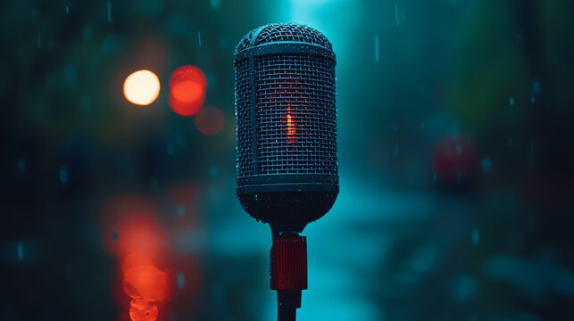 Vintage microphone in the rain with bokeh lights with atmospheric recording.
