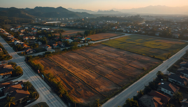 Aerial drone view of empty residential land divided into lots with clear boundary lines, concrete roads, green landscape, mountain background, land development project, Thailand style suburban area, u
