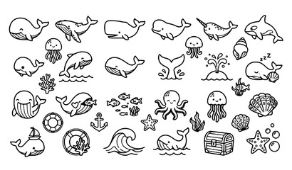 Cute Ocean Sea Animals Marine Life Hand Drawn Vector Icon Collection with Underwater Elements