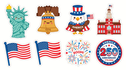 Set of patriotic American themed vector illustration stickers featuring symbols of liberty and independence in a cute flat graphic style © Ninal
