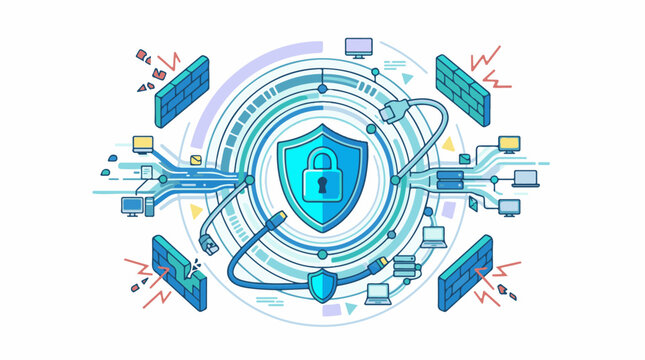 A blue shield with a lock at its center surrounded by computers laptops and firewalls