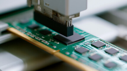 Fototapeta premium Precision Robotic Arm Placement of Electronic Component onto a Green Circuit Board for Advanced Technology Manufacturing Automation