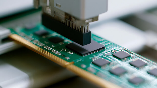 Precision Robotic Arm Placement of Electronic Component onto a Green Circuit Board for Advanced Technology Manufacturing Automation