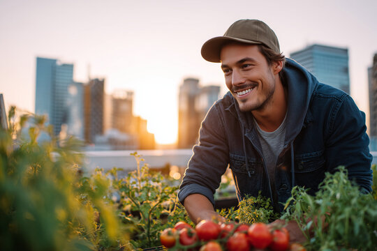 Young Man Harvesting Fresh Red Tomatoes and Aromatic Herbs in Vibrant Community Rooftop Garden 