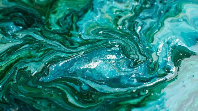 Green Abstract Fluid Acrylic Paint Swirls Texture. Beautiful liquid marble abstract art with turquoise, green, and white paint mixing