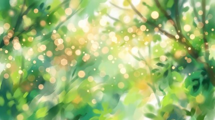 Fototapeta premium Beautiful abstract nature background showing bright sunlight filtering through lush green forest foliage with a soft bokeh effect and sparkling light particles.