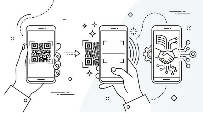 Hand drawn illustration of mobile phone scanning QR code for digital handshake.