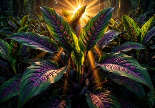 Luminous Jungle Foliage with Glowing Ancient Runes at Sunset