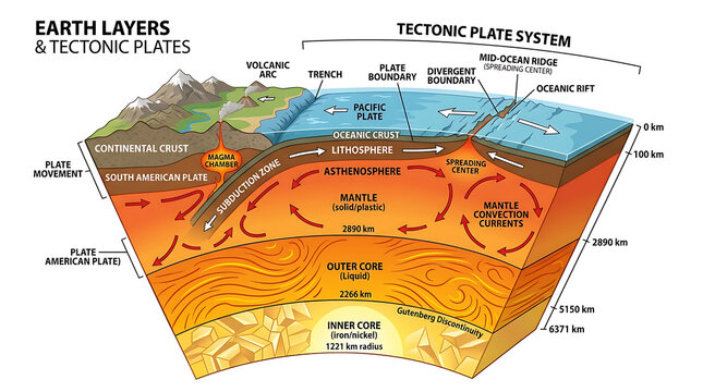 Earth layers and tectonic plates illustrate the planet's internal structure