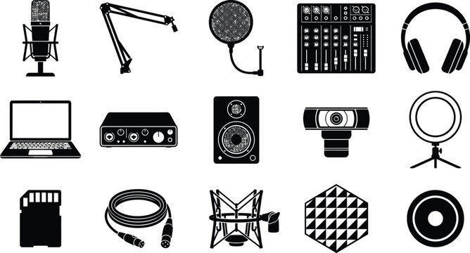Premium black and white silhouette collection set podcast music studio equipment icons