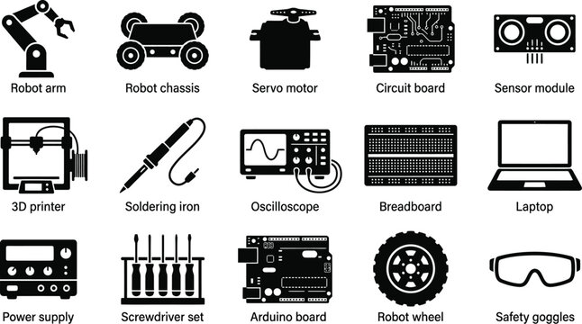 Premium black and white silhouette collection set robotics electronics and engineering icons