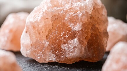 Obraz premium Himalayan salt rocks sit arranged on a dark stone surface to showcase their natural crystalline texture and warm pink hue.