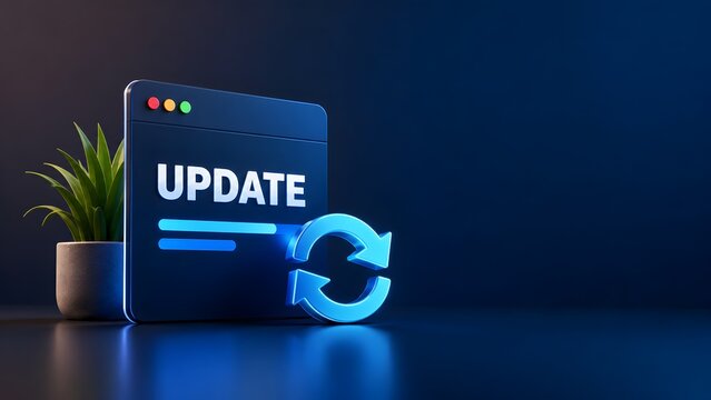 Software update notification interface with refresh symbol representing system upgrade and digital maintenance