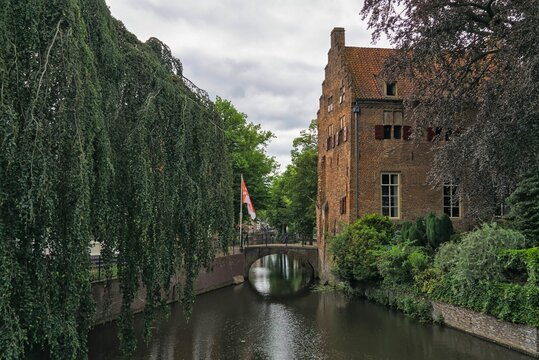 Medieval Groot Tinnenburg House and Stone Bridge in Amersfoort, Netherlands