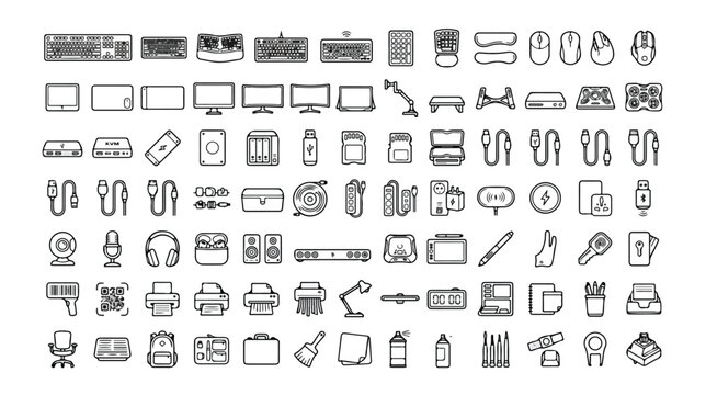 Set of 100 Hand Drawn Computer Electronics and Office Supplies Vector Icons