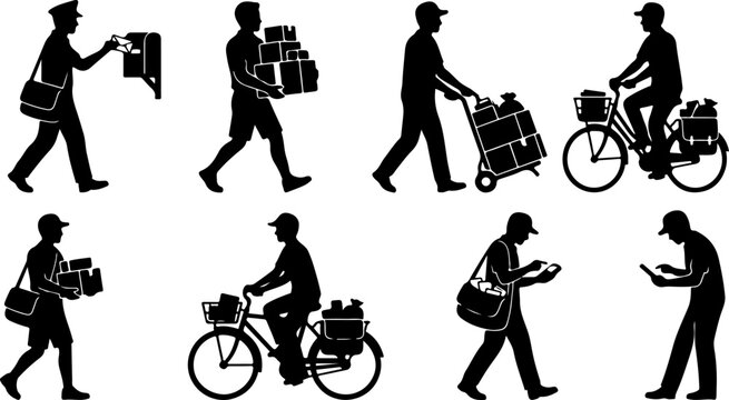 Set of silhouettes of delivery men and mail carriers with packages vector illustration