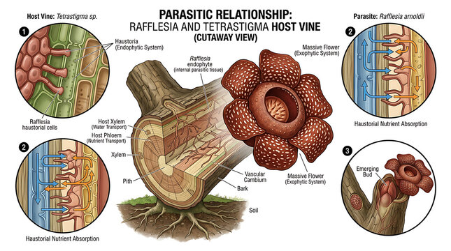 The parasitic Rafflesia flower attaches to Tetrastigma vine host.