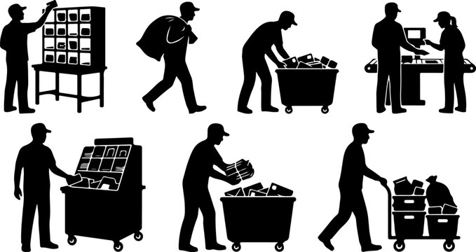 Set of postal workers silhouettes sorting and delivering mail packages vector illustration